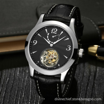 Classical Black Tourbillon Movement Watch For Men, Custom High End Leather Band Wrist Watch